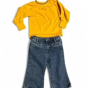 Vintage 70s 18 month toddler boy outfit set bootcut denim jeans retro yellow top